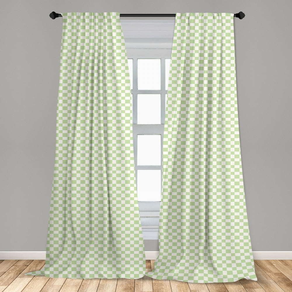 Geometric Curtains 2 Panels Set, Big Squares Checked Pattern in Soft Colors Retro Monochrome