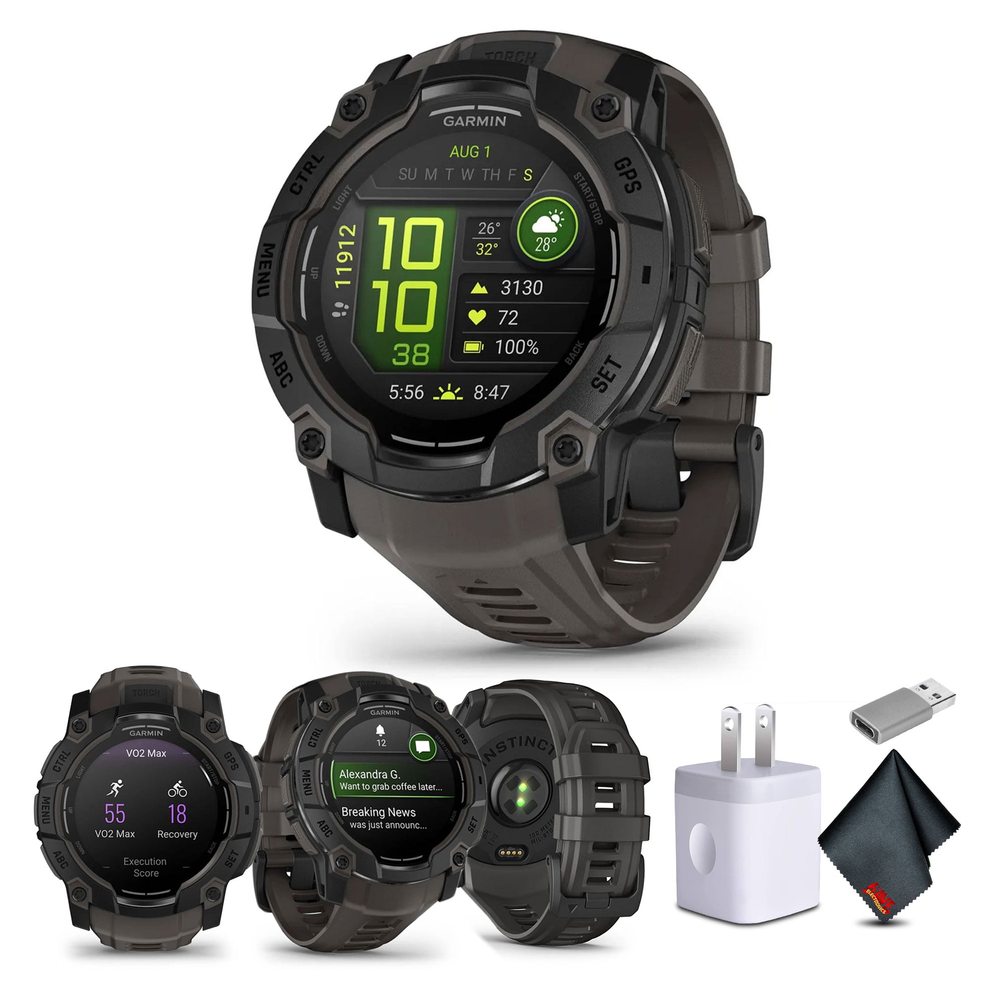 Garmin Instinct 3 50mm AMOLED Outdoor GPS Smartwatch Charcoal (010-03020-00) Smart Watch Bundle