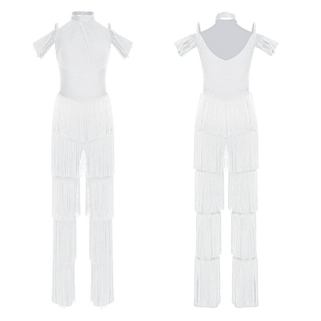 inlzdz Women's Rumba Latin Dance Rhinestones Sleeveless Tassel Jumpsuit Rompers White L