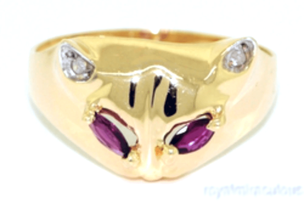 Diamond & Ruby Unique 14K Yellow Gold Cat Ring Unique by Elie Int.