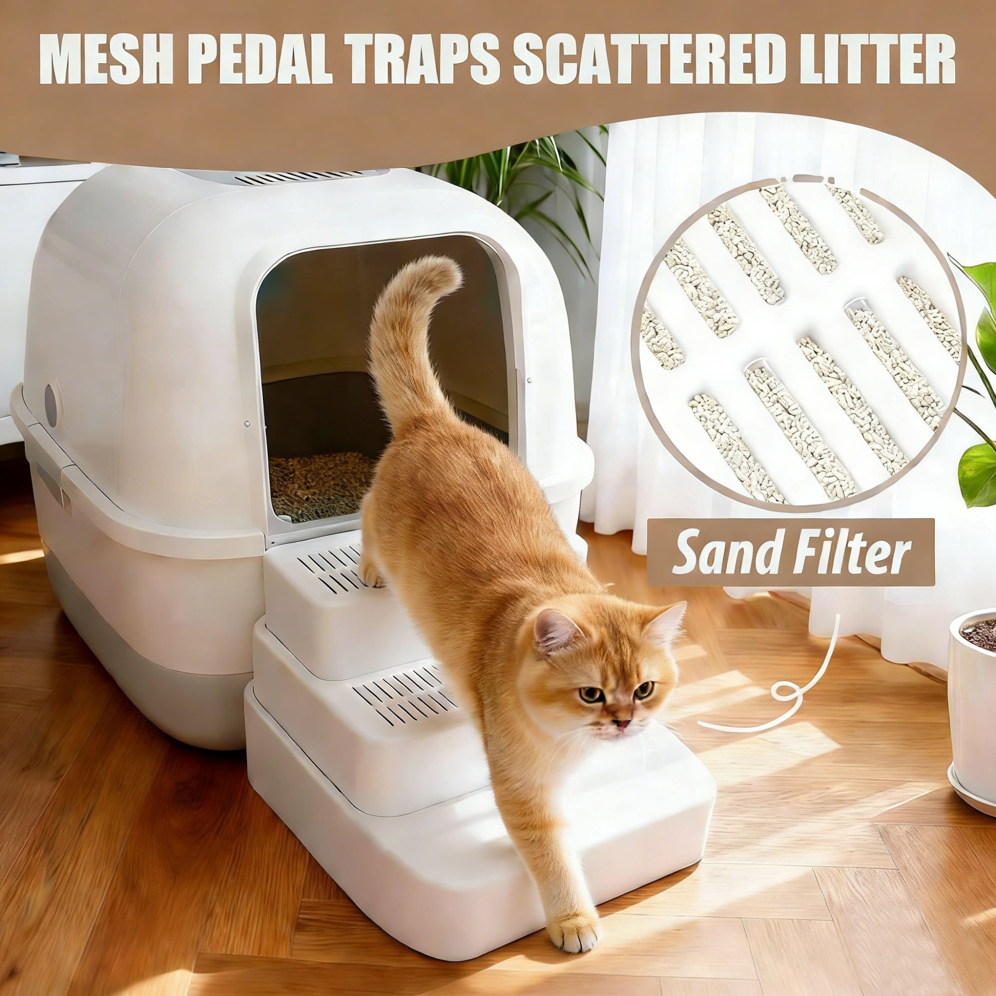 Adjustable 3 Steps Litter Box Ramp with Detachable Litter Trapper,Non-Slip Easy Clean Cat Litter Stair for Small & Elderly Cats,Litter Box Ramp with Filter Function.