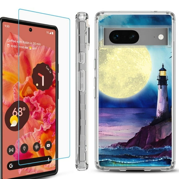 OneToughShield ® Compatible with Google Pixel 8, Shockproof Phone Case, with Tempered Glass Screen Protector - Lighthouse Moon