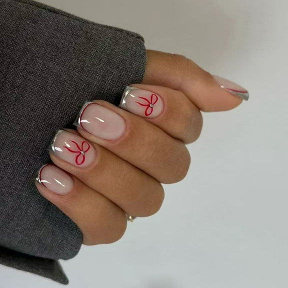 ROZYARD 24Pcs Bowknot Fake Nail Almond Press on Nail False Nail Tips Artificial Nail