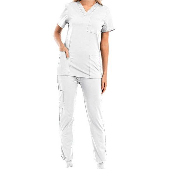 Conjunto de uniformes de enfermería, ropa de trabajo, pantalón con cordón, trajes de trabajo de enfermería informales, cómodos y sencillos para Blanco M Yinane Uniforme de enfermera