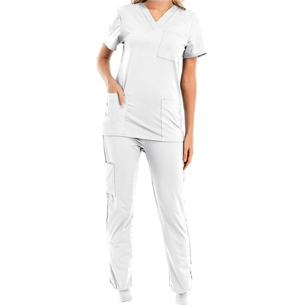 Conjunto de uniformes de trabajo para enfermera, top y pantalones, duraderos, cuello en V y bolsillos cortos. Blanco M