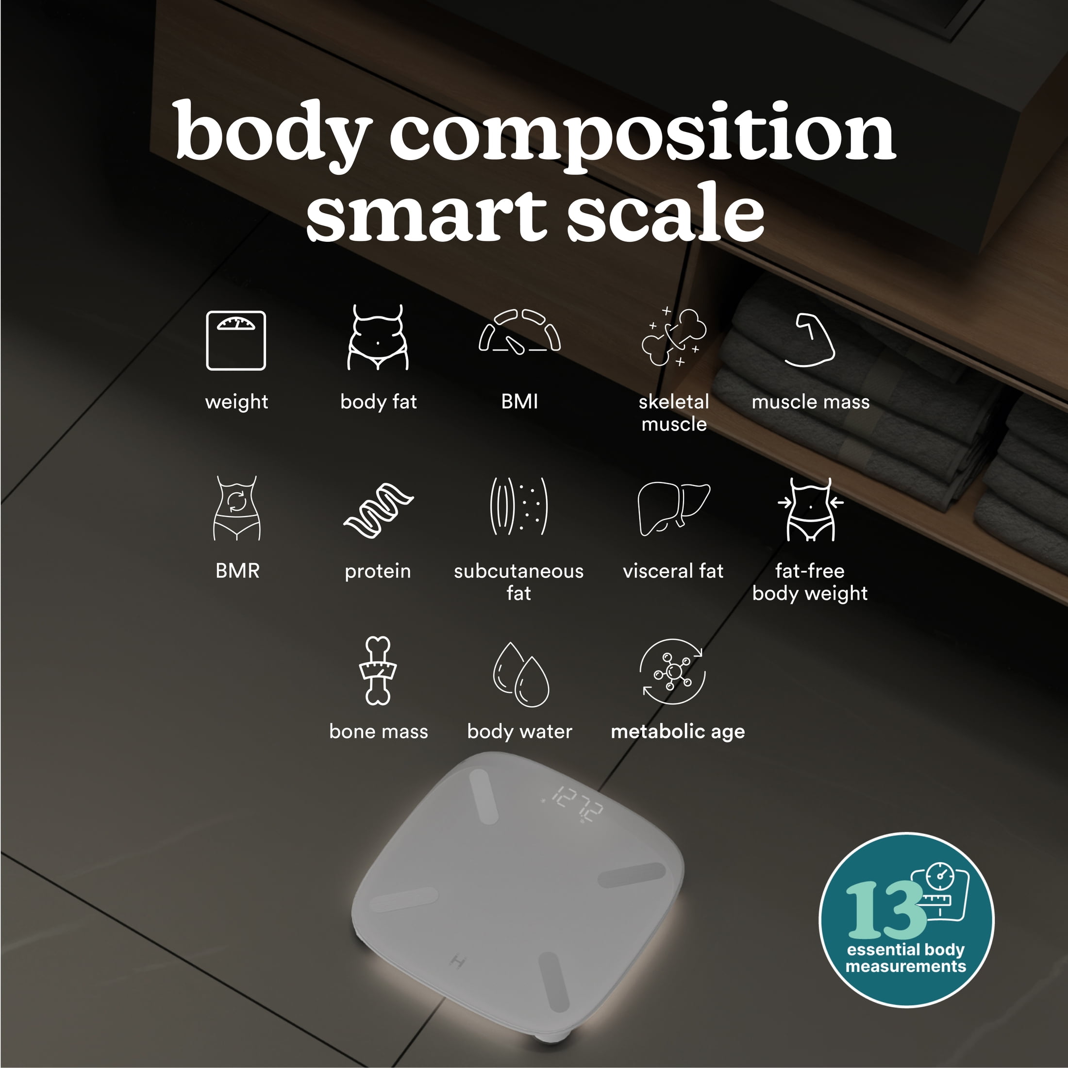 Homedics Smart Glo, Digital Bathroom Scale, Motion-Sensing Ambient Center Illumination, Sleek Tempered Glass, High-Precision Weight Measurement Up to 400 lbs, Sustainable Design, Bluetooth, White