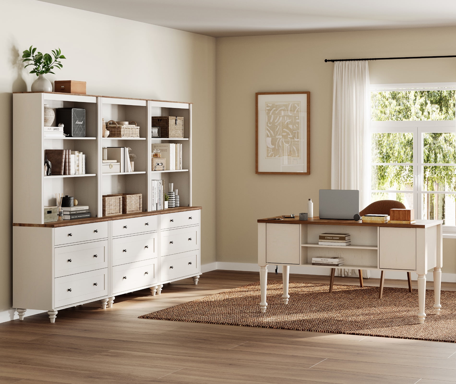 2 Piece Office Set, 56" Executive Desk & Set Of 3 Bookcases With Drawers, White