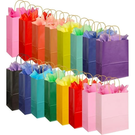 32 Pieces Gift Bags with 32 Tissues, 8 Colors Party Favor Bags with Handles, Rainbow Gift Bags for Wedding, Birthday, Party Supplies and Gifts