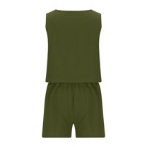 Dazajoo Womens Summer 2 Piece Outfits Vacation Casual Trendy Shorts Matching Square Neck Sleeveless Shirts Casual Linen Outfits for Women 2024 Solid Color Fashion Loungewer Suits,Army Green,XS