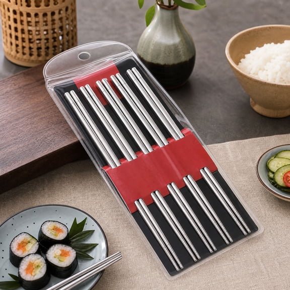 5-Pack Stainless Steel Chopsticks - Reusable Korean/Chinese Metal Eating Sticks with Anti-Slip Tips, Dishwasher Safe Silver Utensils for Sushi & Ramen