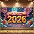 thumbnail image 3 of Fireworks Design Happy New Year Banner Golden Numbers 2026 Backdrop Pink Ribbon Colorful Stars New Year Background for New Year Party Holiday Celebration Family Gathering, 3 of 9