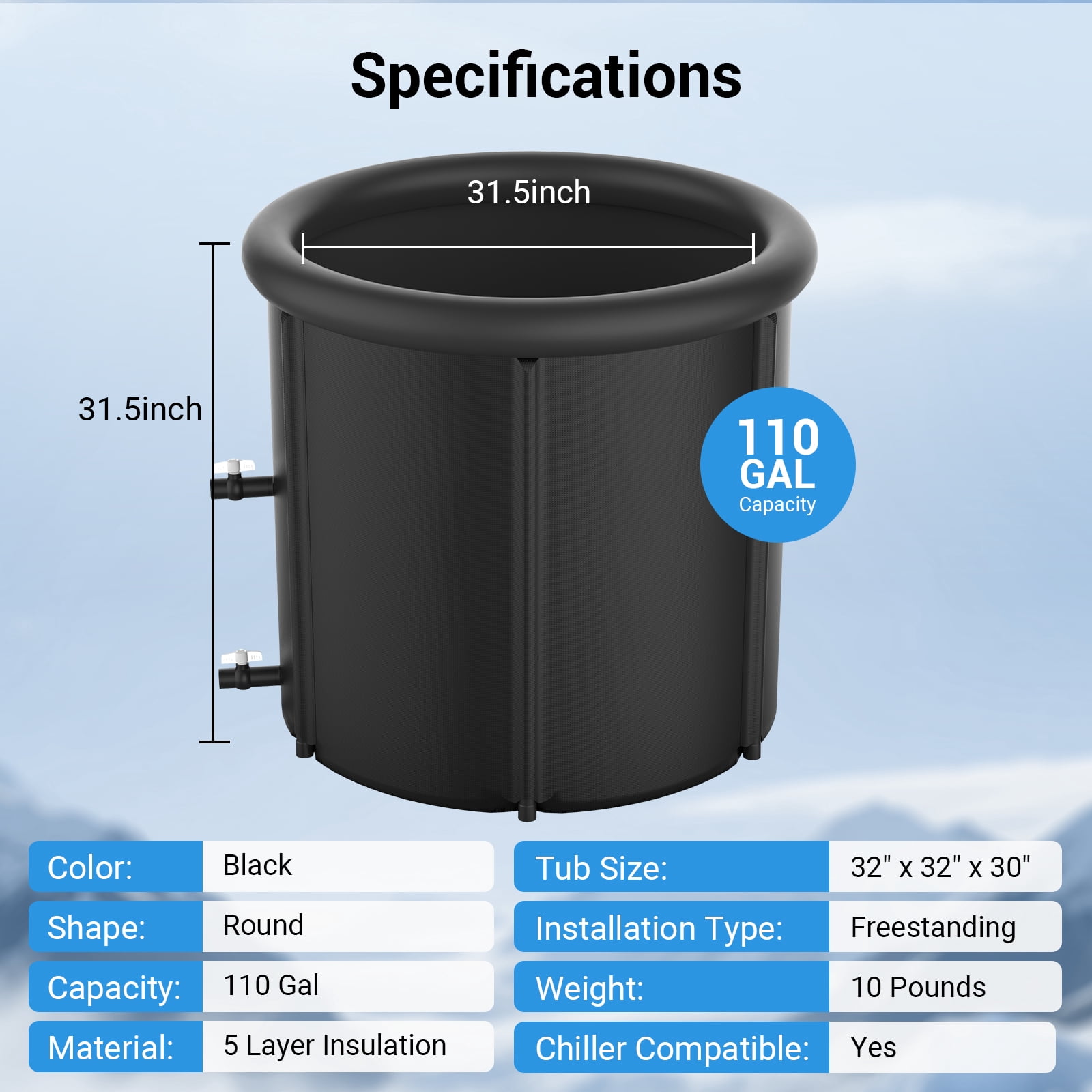 Ecojoy Ice Bath Tub for Cold Plunge, Portable Ice Pod with Lid & Cover, 100Gal Inflatable Ice Plunge Tub with 2 Drain Valves for Chiller Connection, Cold Therapy Recovery, Indoor Outdoor Use