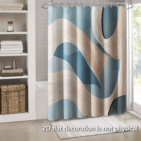 Hoease Light Blue Beige 3D Wave Texture Shower Curtain, 71W x 71L Inch Waterproof Fabric Bathroom Curtain with 12 Hooks, Minimalist Modern Bath Decor