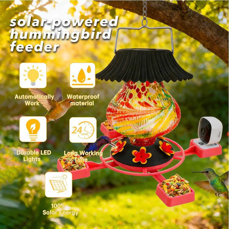 Hummingbird Feeder with Camera Solar Powered 1080P-, Automatically Identifies Species of Bird, Auto Recording, Leak-Proof Ant & Bee Proof Outdoor Hanging Feeder, for Bird Lovers