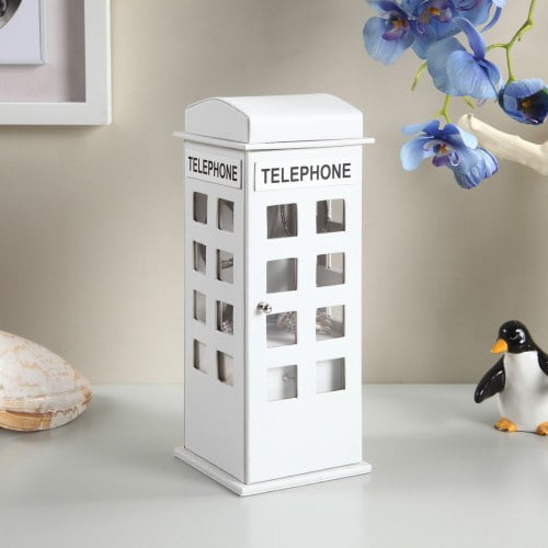 Caja de joyas de cuero de 11.5 pulgadas de altura, diseño de teléfono británico, color blanco.