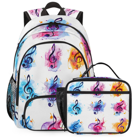 Herdesigns Music Backpack with Lunch Box Musical Notes Lightweight Large Travel Work Laptop Backpacks Set Casual Daypacks