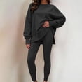 thumbnail image 2 of Women 2 Piece Tracksuit Set Solid Long Sleeve Crew Neck Side Split Top and Skinny Pants Loose Casual Loungewear Outfit for Daily Street Wear Black, 2 of 7