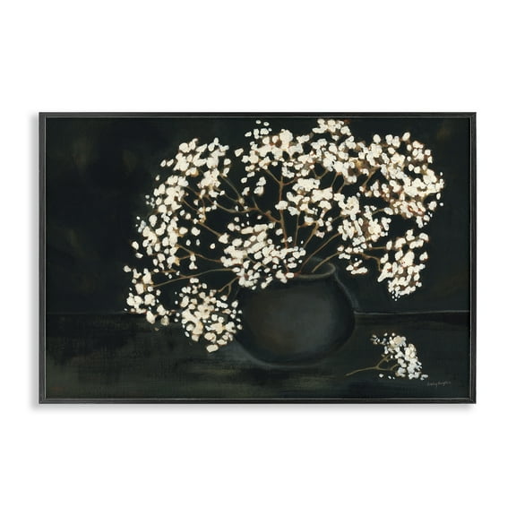 Stupell Industries Baby's Breath on Black Botanical & Floral Painting Black Framed Art Print Wall Art, 18 x 12