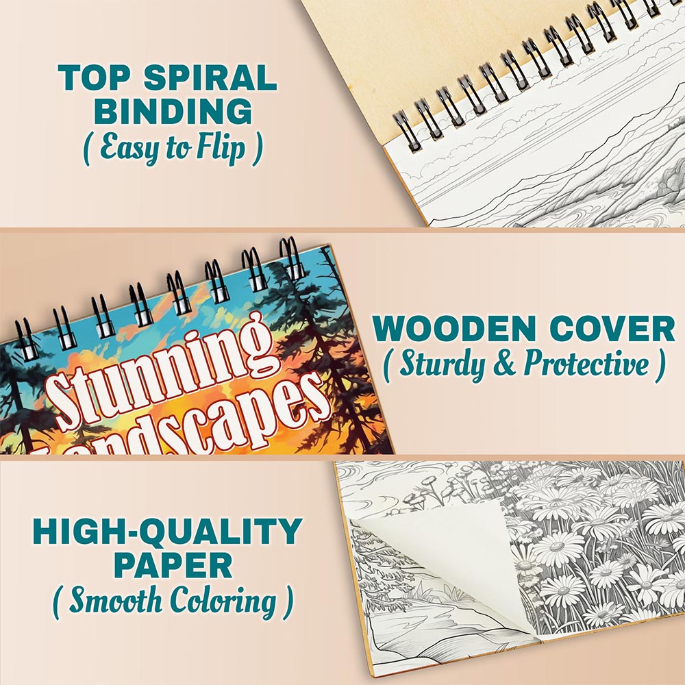 Stunning Landscapes Coloring Book Spiral Bound For Adults, A5 Wooden Cover, 30 Serene Coloring Pages of Gorgeous Outdoor Scenes for Stress Relief and Relaxation