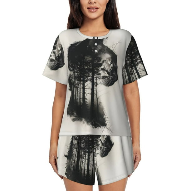Balery Double Exposure Cat Forest Conjunto de Pijama para Mujer con Estampado, Dos Piezas de Manga Corta y Shorts, Ropa de Dormir Suave con Cuello Redondo y Bolsillos-4X-Large