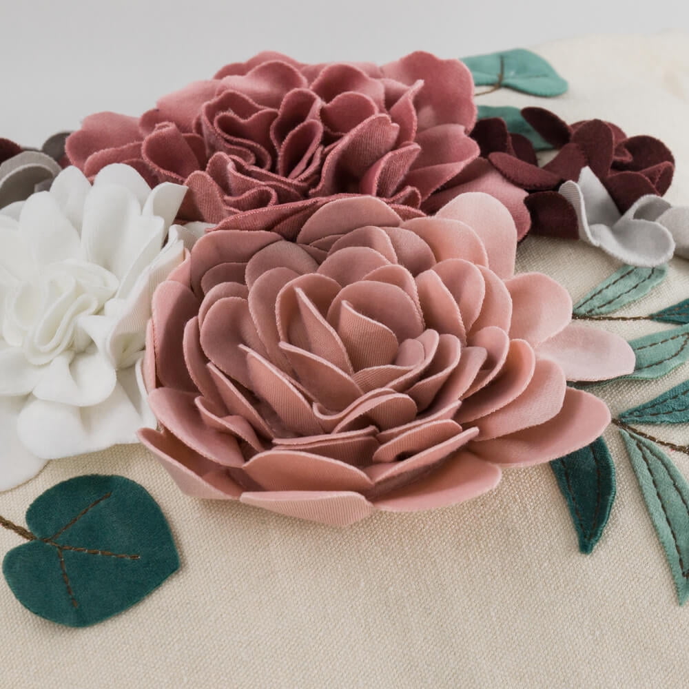 JWH Cream 3D Multi-Floral Throw Pillow Blush and White Flower Accent Cushion with Green Leaves for Couch Bedroom Decor 18x18inches