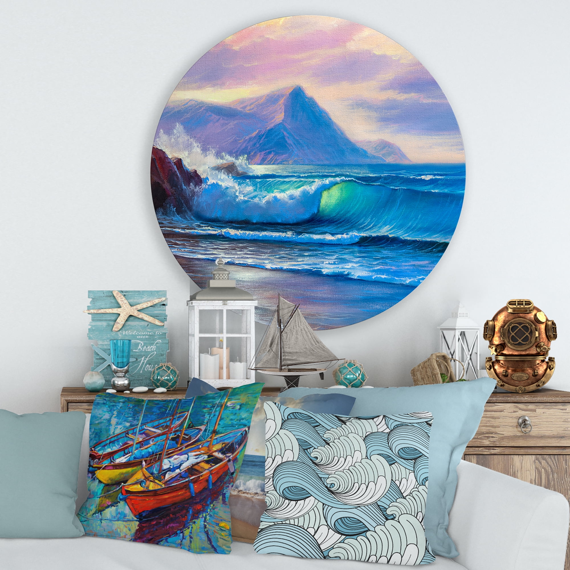 Designart 'Blue Waves Breaking At The Beach Landscape I' Nautical & Coastal Circle Metal Wall Art 29x29 - Disc of 29