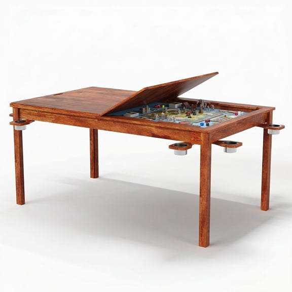 LAZZO Board Game & Card Table, 65"x 39" Natural Wood Table for 6 Players with Removable Top, Play Mat, Cup Holders & Trays