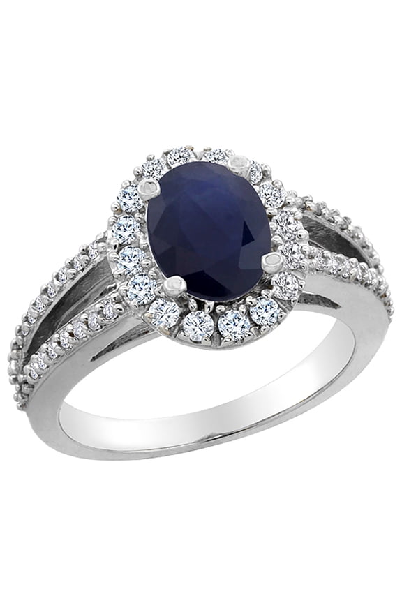 10K White Gold Natural Australian Sapphire Halo Ring Oval 8x6 mm with Diamond Accents, size 8