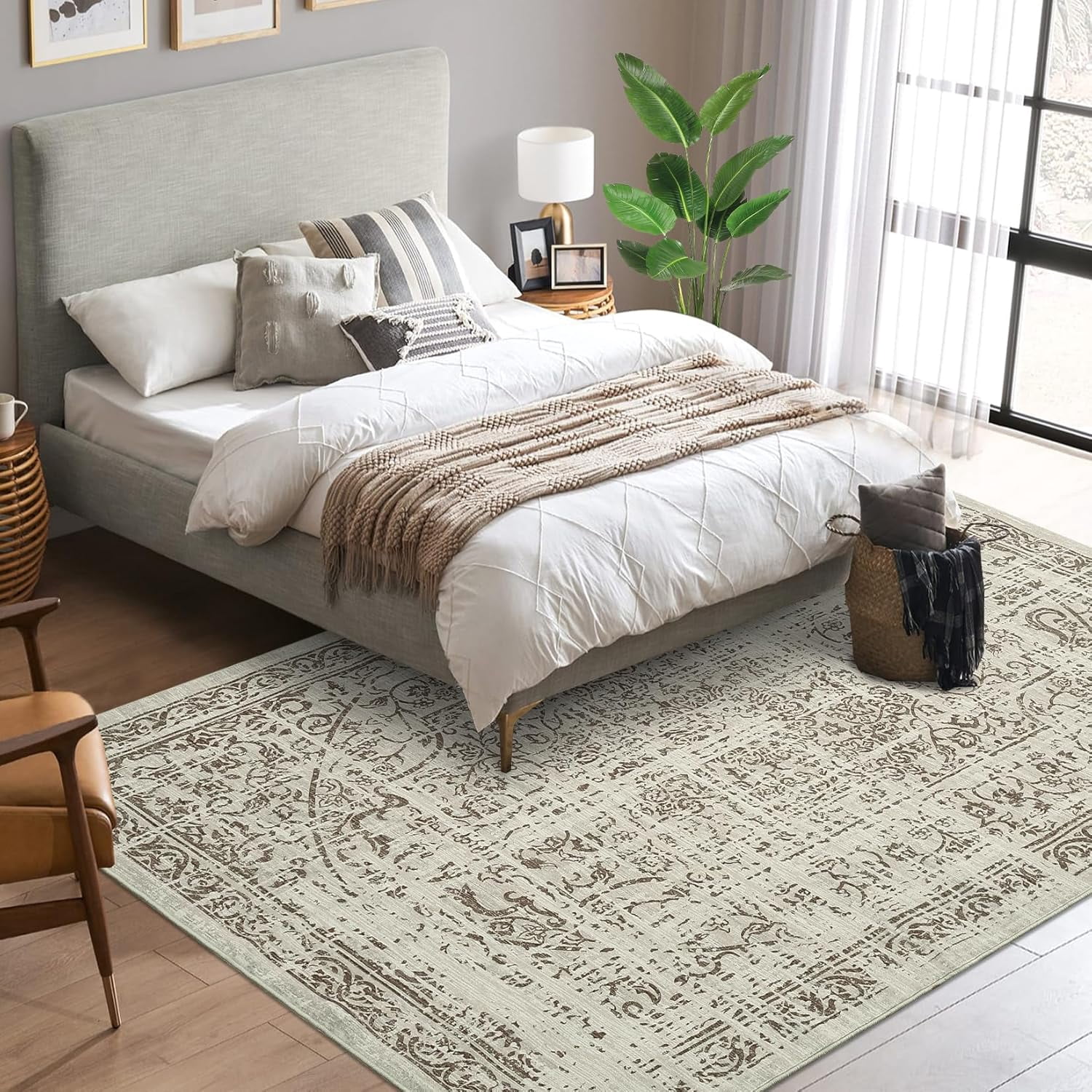 5x7 Washable Area Rug - Vintage Traditional Foldable Thin Kitchen Accent Indoor Distressed Non Slip Carpet Floral Print Mat Bathroom - Brown
