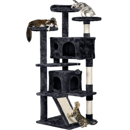 Topeakmart 55''H Multilevel Cat Tree Condo Kitten Tree Tower with 2 Condos & Fur Ball & Scratching Posts/Ramp, Black