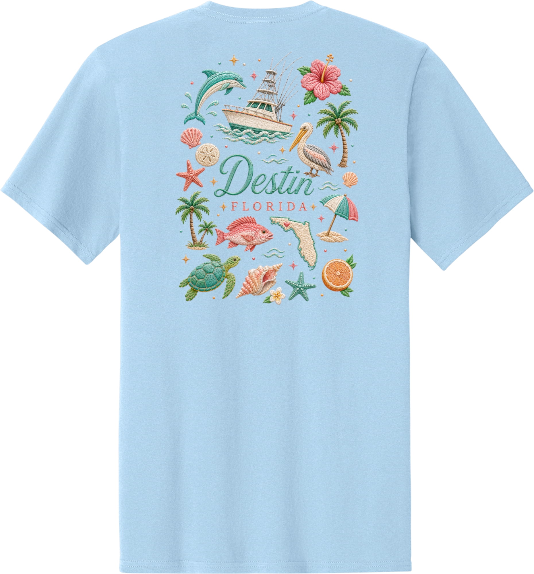 Destin Faux Embroidery Front and Back Printed Short Sleeve T-Shirt
