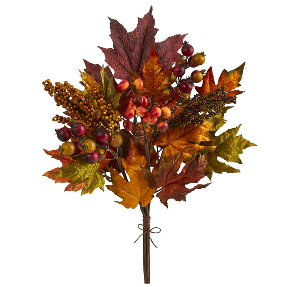 Nearly Natural 20in. Maple Leaf and Berries Artificial Flower Bouquet (Set of 3), Orange