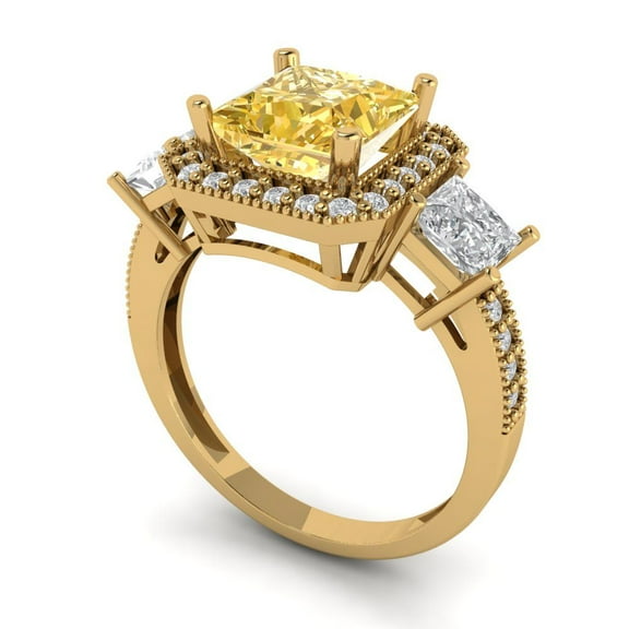3.005 ct Princess Cut Simulated Yellow Diamond Three-Stone Engagement Ring for Women in 18K Yellow Gold