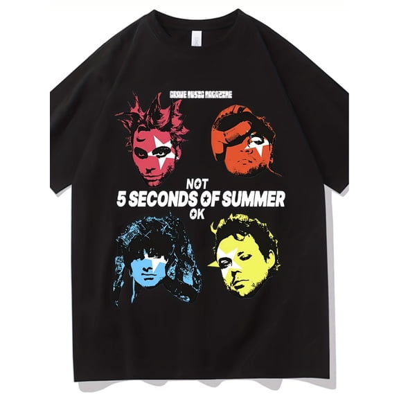 Men's 5 Seconds Of Summer "Not OK" T-Shirt with Member Portraits & Text - Official Group Logo Tee for Concert Merch, Casual Wear, Year-Round (Machine Washable) - for all Fan Outfits