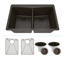 33" x 22" Quartz Kitchen Sink, Double Bowl Sink, Drop-in Sink, Undermount Sink, Granite Kitchen Sink, Galaxy Mocha Kitchen Sink, with Grids, Basket Strainer and Flange Lexicon Platinum LP-800TM-M