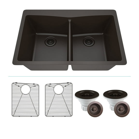 33" x 22" Quartz Kitchen Sink, Double Bowl Sink, Drop-in Sink, Undermount Sink, Granite Kitchen Sink, Galaxy Mocha Kitchen Sink, with Grids, Basket Strainer and Flange Lexicon Platinum LP-800TM-M