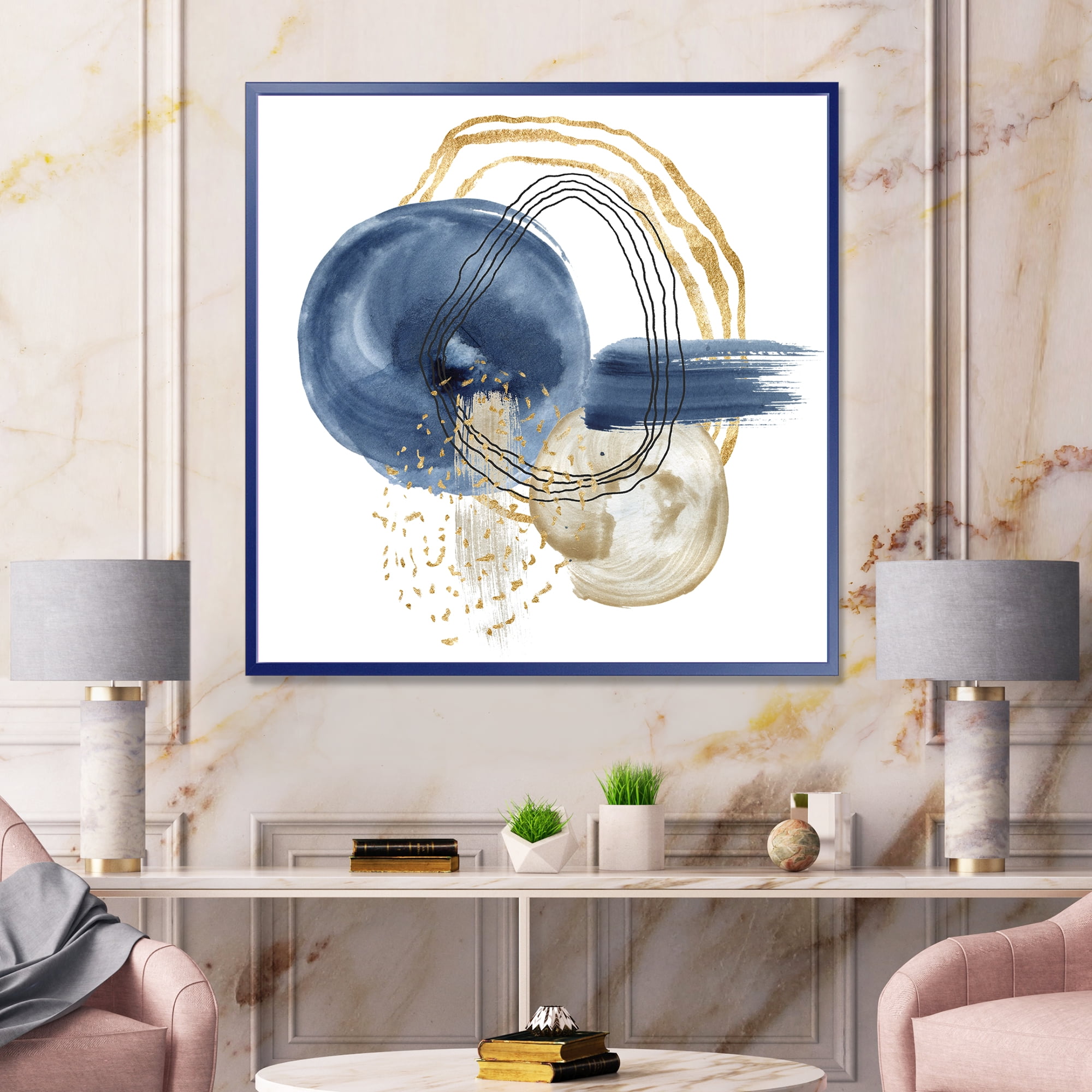 Designart 'Abstract Black and Dark Blue Gold Underwater Life' Modern Framed Canvas Wall Art Print
