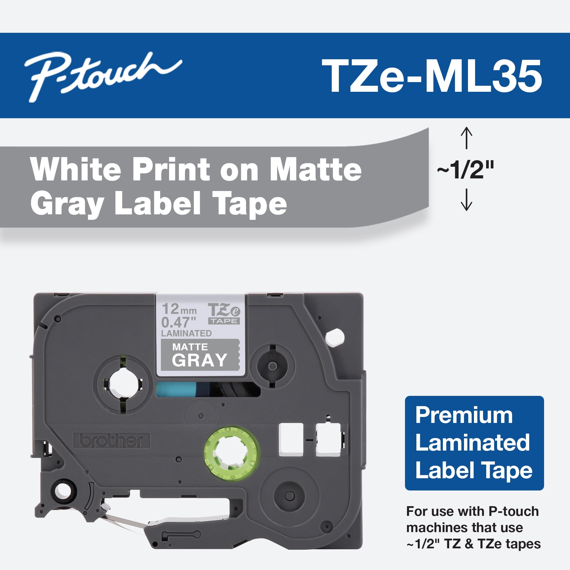 Brother P-Touch TZE-ML35 White on Matte Gray Laminated Tape
