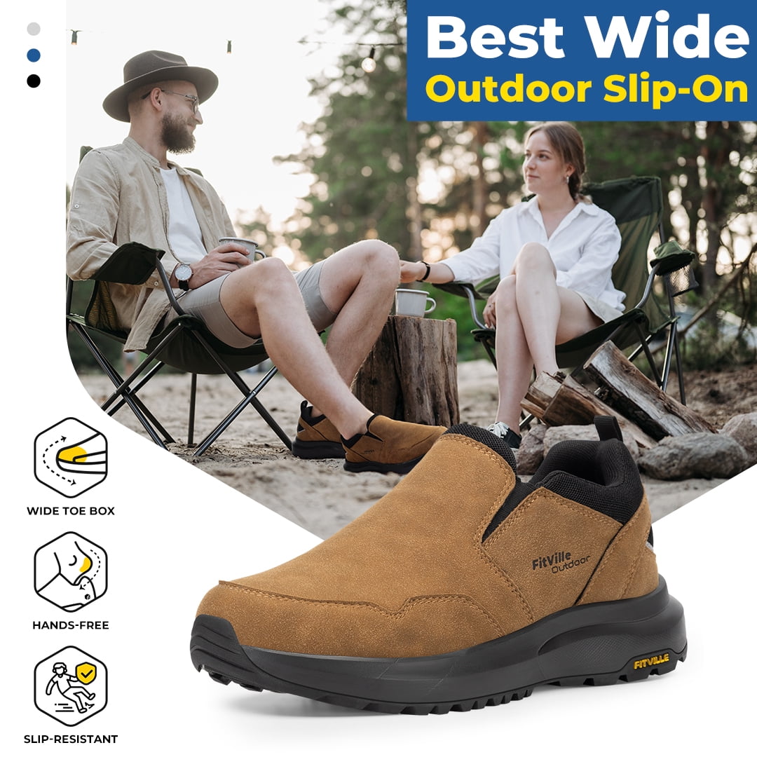 FitVille Mens Wide Hiking Shoes Slip on Loafers Sneakers with Arch Support, Dune Brown, 9 Wide