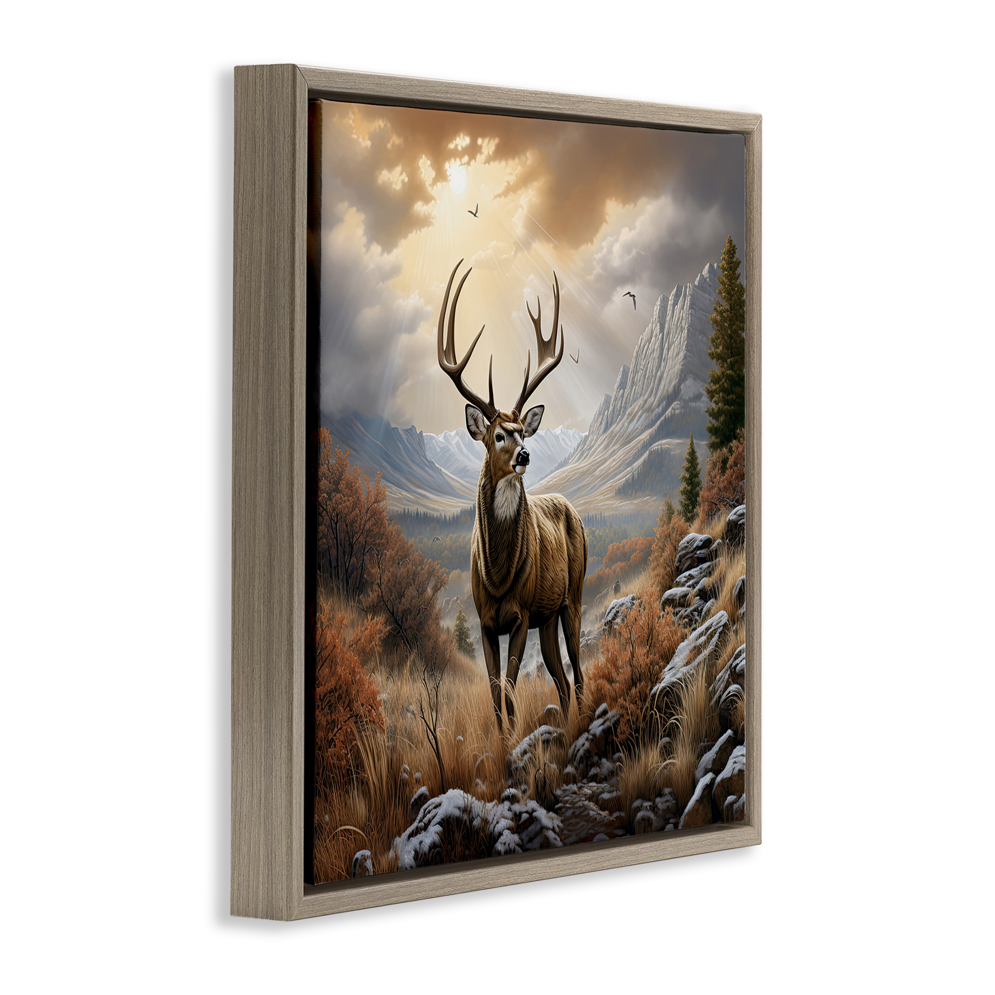 Stupell Industries Majestic Elk Mountain Scenery Landscape Painting Brown Floater Framed Canvas Art Print Wall Art, 18 x 18