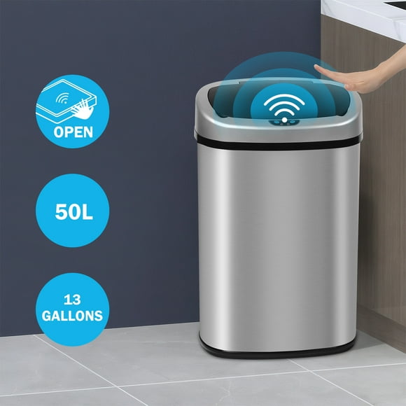 13 Gallon Kitchen Trash Can Automatic Stainless-Steel Garbage Can with Touch-Free & Motion Sensor, Anti-Fingerprint Mute Designed Brushed Trash Bin , Silver