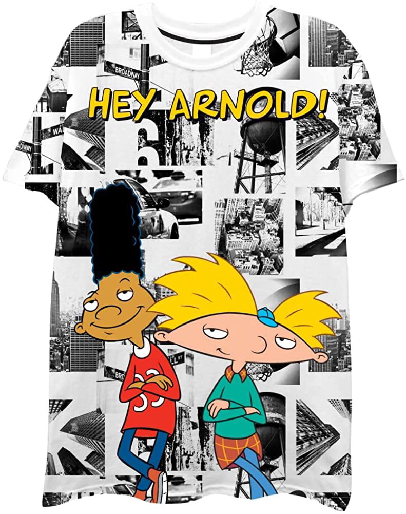 Nickelodeon Mens 90s Cartoon Shirt - Hey Arnold Allover Print T-Shirt  White, Small 