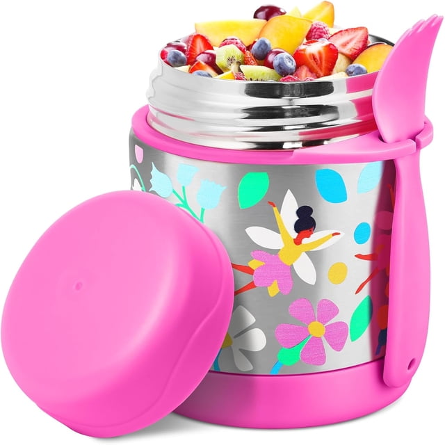 Tarro de Acero Inoxidable Aislado Al Vacío con Cuchara, Termo de Sopa, Termo para Comida Caliente, Termo para Viajes (3D Flower Fairy Rosa)