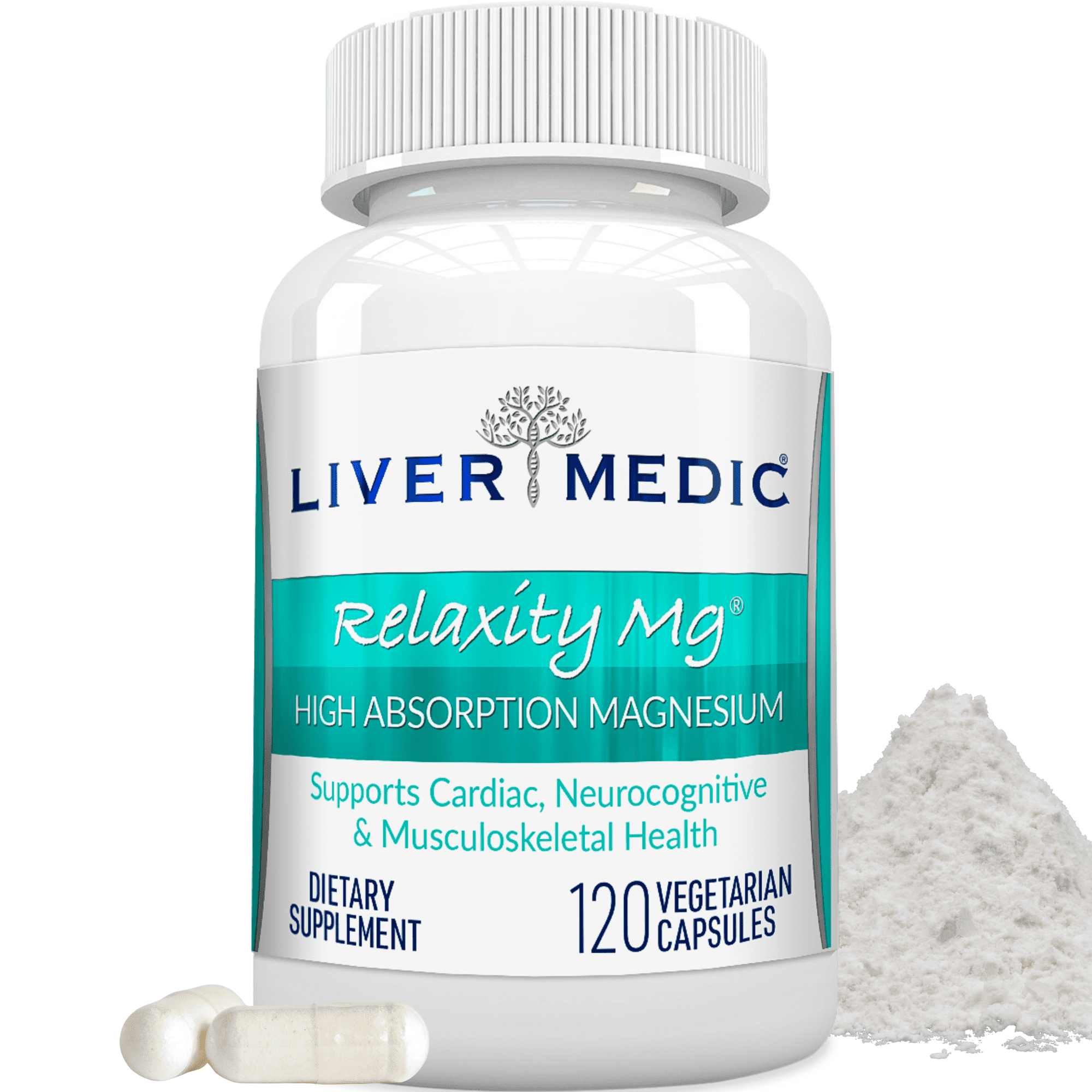 Liver Medic Relaxity Mg Magnesium Glycinate Chelate Supplement High Absorption Muscle Cramps Bone Health Sleep Support Clean NonGMO 120 Vegetarian Capsules 200mg