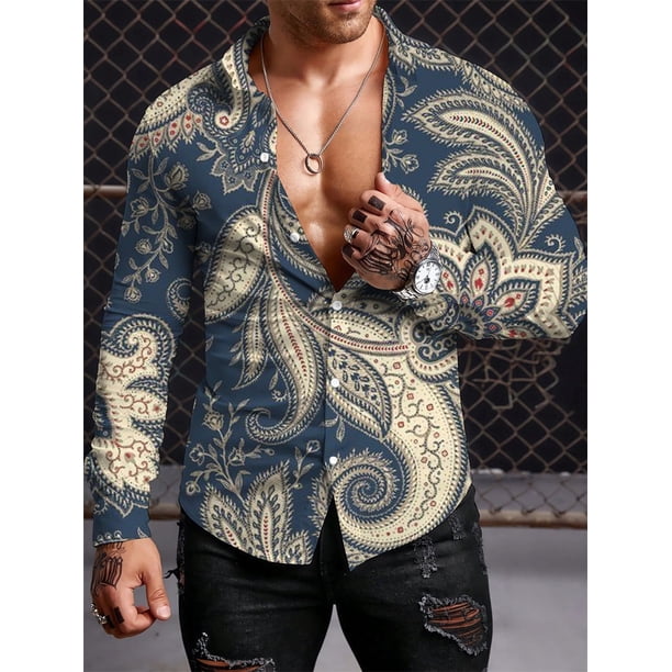 Camisa de manga larga de estilo étnico personalizada, tendencia de otoño, ropa para hombre, camisa de manga larga con solapa retro para hombre, camisa grande con botones