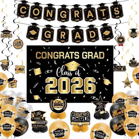 Tumao 2026 Graduation Decorations, Graduation Party Decorations Black Gold Themed Set Graduation Banner Balloons Party Supplies