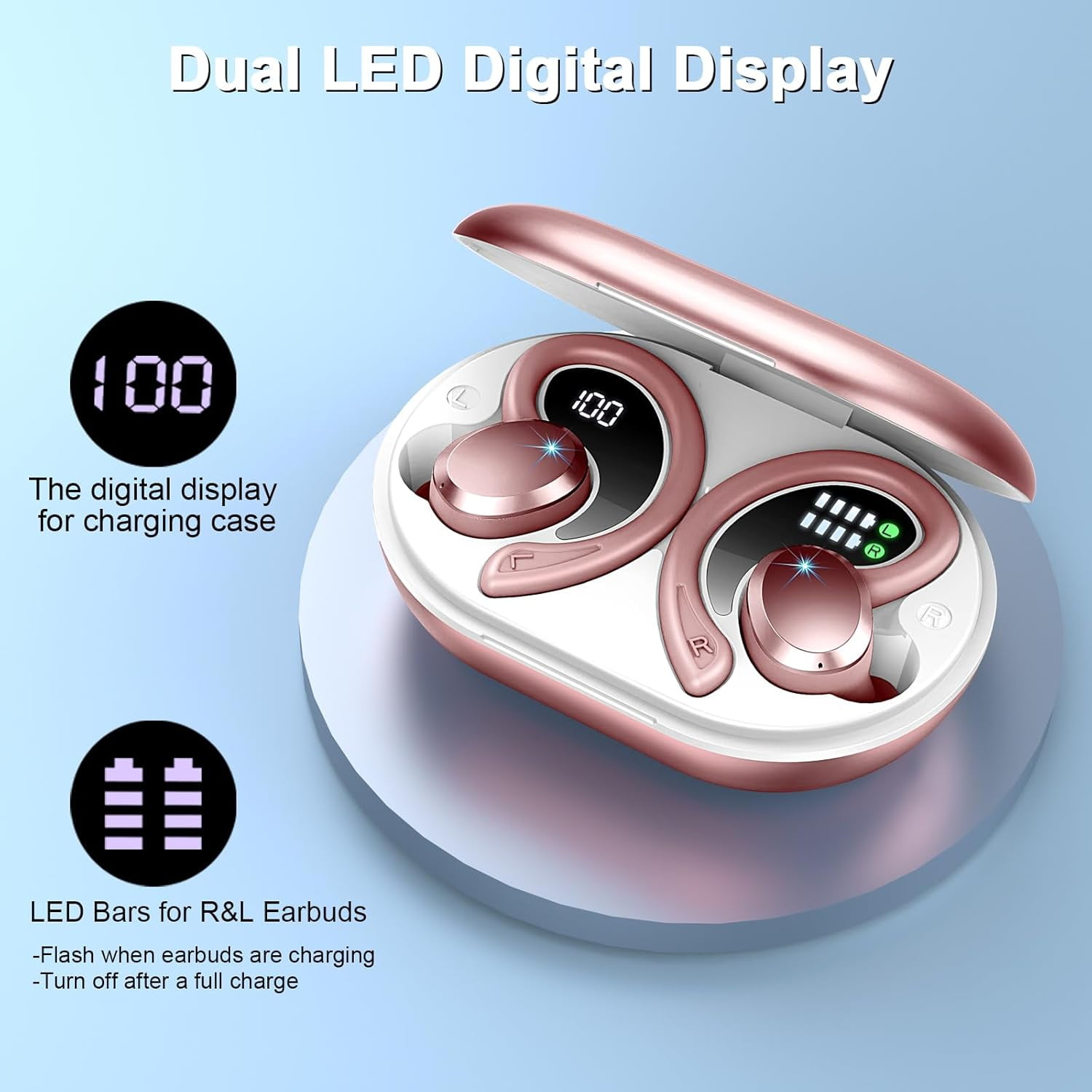 Wireless Earbuds Hi-Fi Bass Stereo 56H Noise Cancelling IPX7 Waterproof Sport Earphones with Earhook-Rose Gold