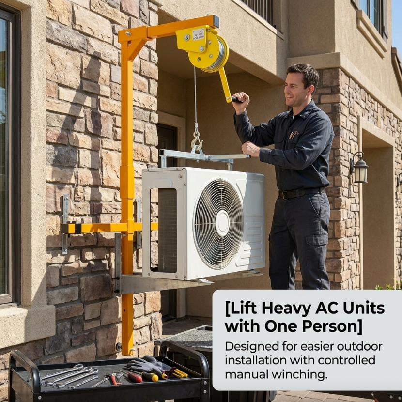 Muweixin 1200LBS AC Lifter, Wall-Mounted Foldable Winch Hoist for AC Unit Lifting, 33ft Steel Cable Crane Lift, Portable Heavy-Duty，Ideal for Roof Top or Wall HVAC