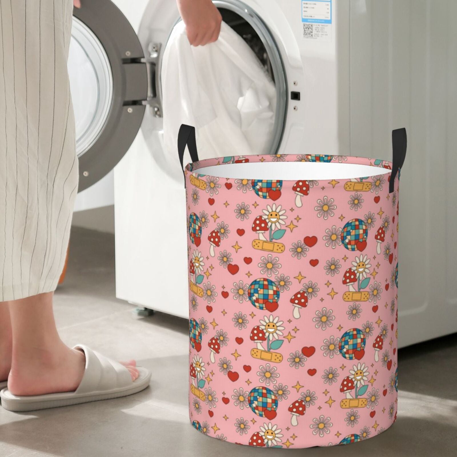 Large Laundry Basket with Handles - Retro 70s 60s Hippie Flower Kids Baby Dirty Clothes Laundry Hamper for Bedroom Aesthetic