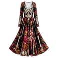 thumbnail image 4 of Skeleton Dress Long Sleeve V Neck Maxi Halloween Dresses for Women Spooky Skull Rose Gothic Festival Party Outfit, 4 of 4